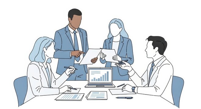 Illustrative business collaboration: diverse team engaging in data analysis and discussion for