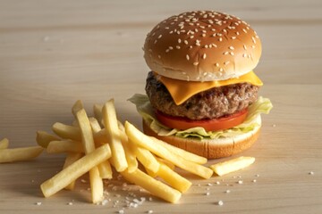 a beef hamburger with golden-brown french fries