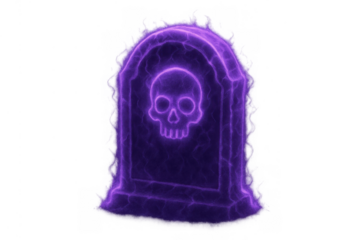Glowing purple tombstone with skull design, radiating dark energy for halloween, death, and spooky concepts