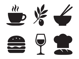 Food and beverage silhouette icons representing various food and beverage options and culinary elements vector illustration