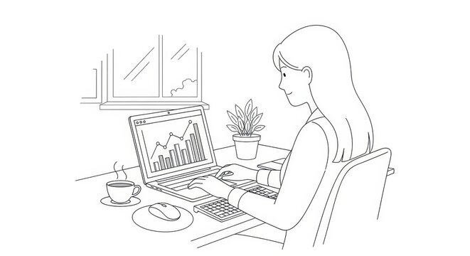 Woman working from home with data analysis on laptop screen office scene vector