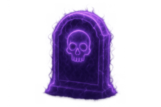 Glowing purple tombstone with skull design, radiating dark energy for halloween, death, and spooky concepts