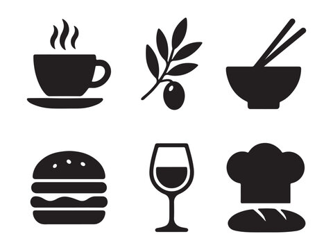 Food and beverage silhouette icons representing various food and beverage options and culinary elements vector illustration