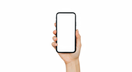 Hand holding phone mobile device smartphone mockup blank screen isolated black background technology on transparent background
