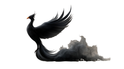 Majestic dark phoenix emerging from the smoke, powerful mythical creature with fiery eyes, representing transformation, rebirth, and resilience in fantasy art