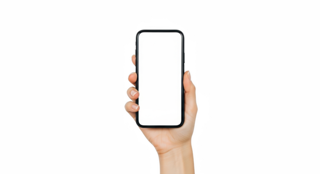 Hand holding phone mobile device smartphone mockup blank screen isolated black background technology on transparent background - Powered by Adobe