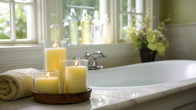 Soft morning light illuminates bright spa bath with large window and candles