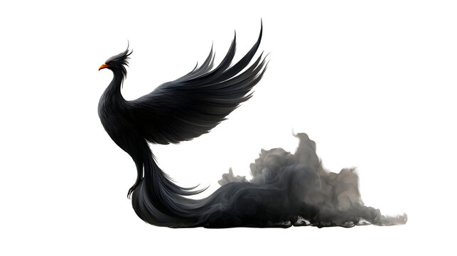 Majestic dark phoenix emerging from the smoke, powerful mythical creature with fiery eyes, representing transformation, rebirth, and resilience in fantasy art