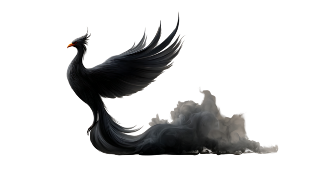 Majestic dark phoenix emerging from the smoke, powerful mythical creature with fiery eyes, representing transformation, rebirth, and resilience in fantasy art