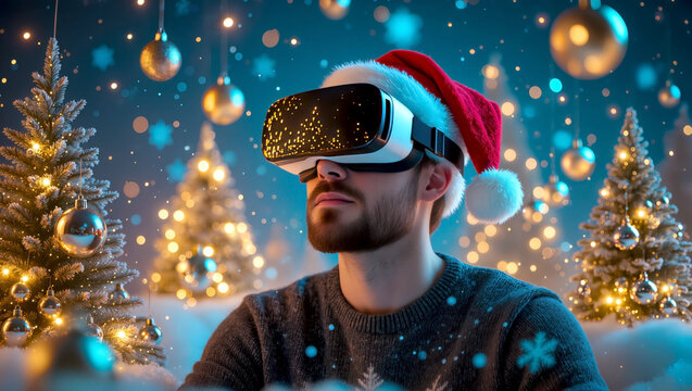 Young man experiencing virtual reality with festive christmas elements and santa hat