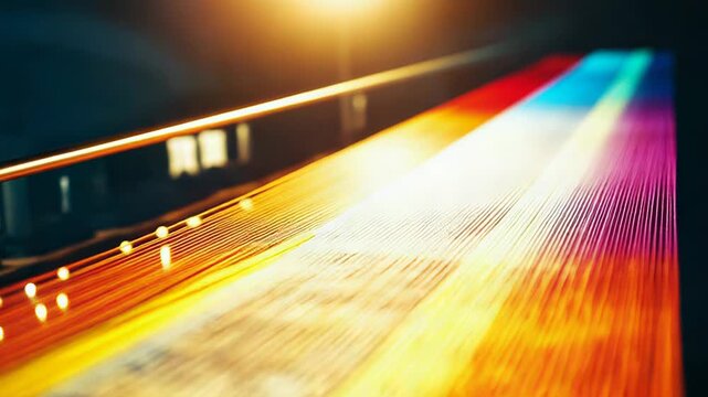 Colorful weaving loom creating vibrant textile threads