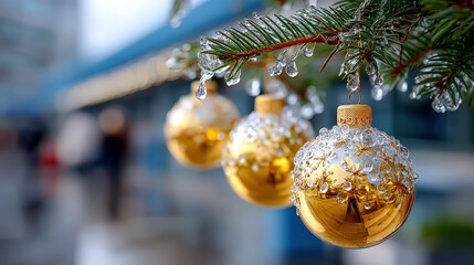 Golden christmas ornaments on fir branches with snowy backdrop for holiday decoration and card design