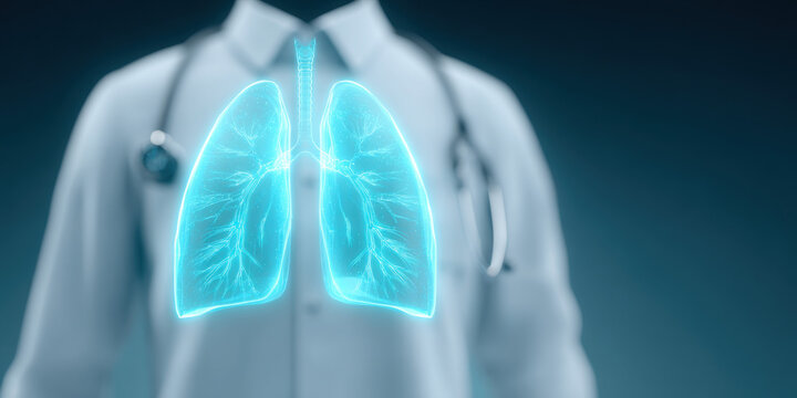 A doctor's torso in a white shirt and stethoscope with glowing digital human lungs overlaid on the chest area This medical illustration shows respiratory system anatomy