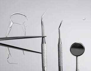 Close-up of dental tools, surgical instruments against a reflective surface