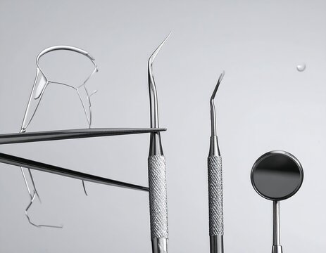 Close-up of dental tools, surgical instruments against a reflective surface