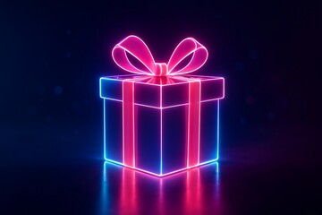 Futuristic Neon Gift Box Outline Glowing Pink and Blue on Dark Background