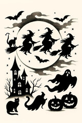 “Moonlit Flight — Witches and Haunted Halloween Silhouettes”