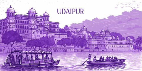 Udaipur Skyline Sketch with Lake Pichola, City Palace, Jag Mandir, and Monsoon Palace &ndash; Cultural Line Art for Travel Posters, Souvenirs, and Tourism Branding