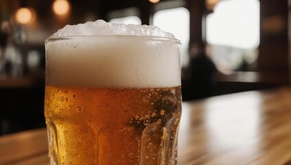 Close-up of a frothy, golden pint of beer in a glass, with blurry bar background