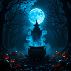 A mysterious witch silhouette stands over a steaming cauldron in a moonlit forest.