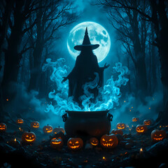 Moonlit Witch Over Cauldron in a Haunted Forest Under the Blue Moon and Pumpkins Glow

