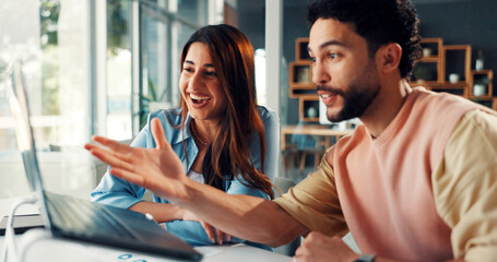 Excited, man and woman with laptop, office and positive feedback on email, graphic designer and web. People, laugh and colleagues with tech for brand identity, online and good news for design project