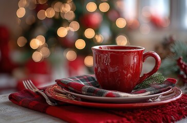 Christmas Table Setting with Red Mug and Festive Bokeh Background. ideal for Christmas and holiday dining themes. Great for greeting cards, festive home decor marketing, and Christmas design projects.