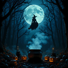 “Moonlit Spells — Witch’s Flight Over a Glowing Halloween Cauldron”