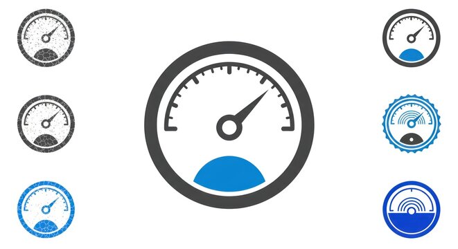 Collection of speedometer icons representing performance and measurement.
