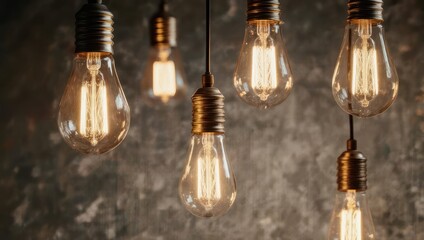 Vintage lightbulbs, glowing, hanging from ceiling against a textured dark wall, ambiance focused