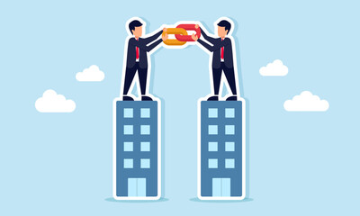 Fototapeta premium Two businessmen standing on top of a company building connected by a chain illustration of business collaboration with partners