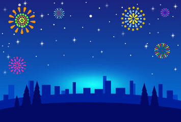 An illustration background featuring colorful fireworks bursting across the night sky and the city's silhouette.