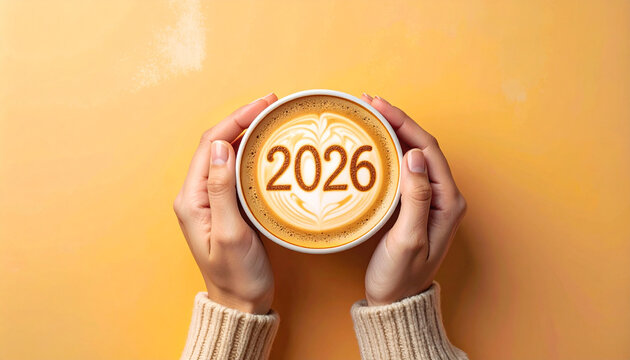 Person holds cup of coffee with 2026 written in foam, set against warm yellow background. cozy scene evokes sense of anticipation and warmth