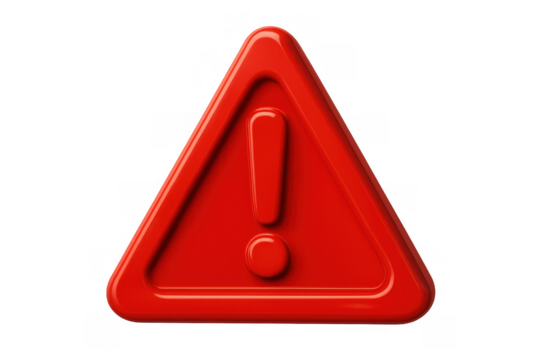 Red triangular warning symbol with exclamation mark communicating danger, alert, and caution on a transparent background