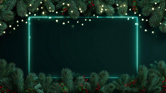 Decorated dark green Christmas background with garland and glowing neon frame