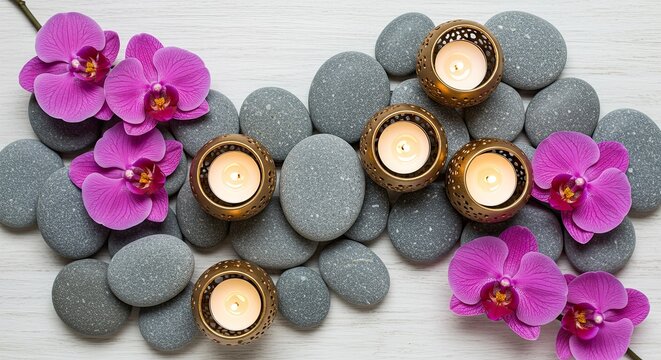Zen stones, orchids and candles provide a harmonious spa wellness concept featuring relaxation and