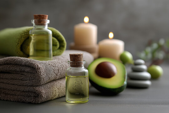 Luxury spa flat lay with essential avocado oils candal