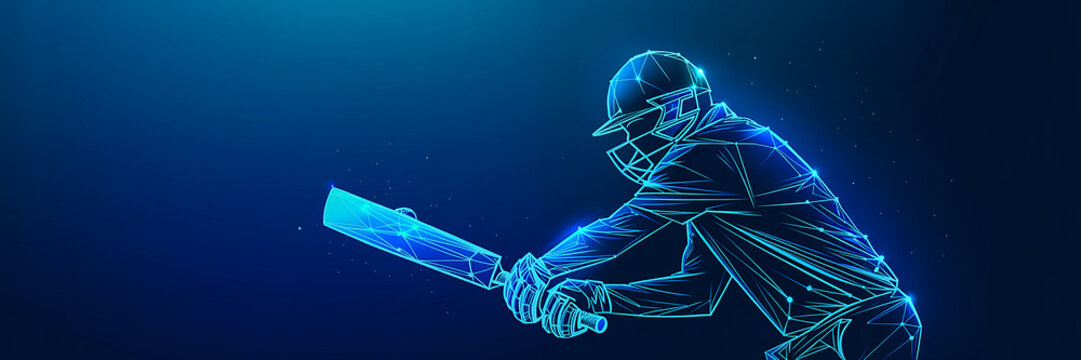 Wireframe Polygon Illustration of a Cricket Player Batting in Blue Tones sport athlete High Quality Image  - Powered by Adobe