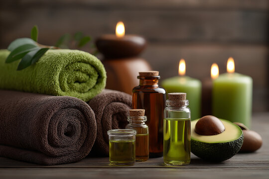 Luxury spa flat lay with essential avocado oils candal