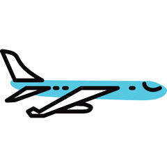 A simple blue and black airplane icon with a transparent background representing travel and aviation in a clear outline style