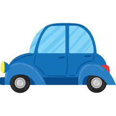 A simple blue cartoon car with light blue windows and a yellow headlight on a transparent background perfect for graphic design projects