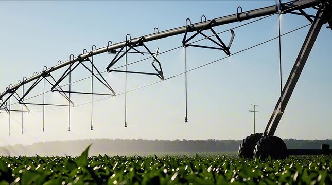 An automated center-pivot irrigation system provides essential water to a flourishing green field, symbolizing modern agriculture and resource management