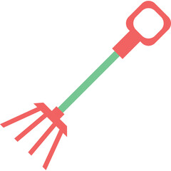 A red and green garden hand rake tool with four tines and a rounded handle on a white background