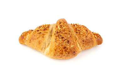 Delicious croissant with nut crumbs, sweet French bakery