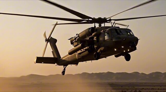 A powerful military helicopter in flight, showcasing advanced aviation technology and defense capabilities in a desert landscape
