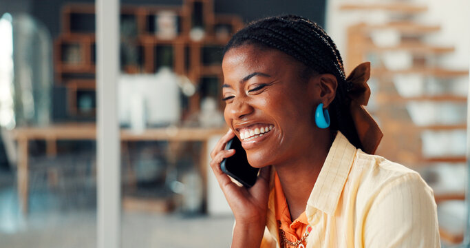 Credit analyst, phone call or African woman in office for consultation, application discussion or company loan. Risk management, verify info or mobile offer for approval process or laugh for contact