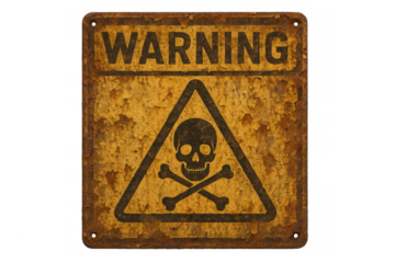 Rusty warning sign displaying skull and crossbones symbol for danger, poison, and toxicity with transparent background