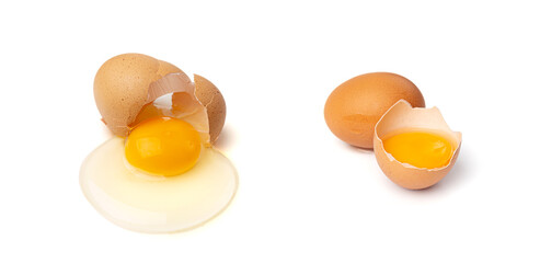 Broken Egg Isolated, Raw Yolk and White, Cracked Brown Shell, Fresh Broken Chicken Eggs on White Background