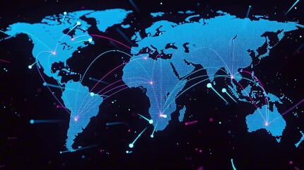 Abstract digital world map with glowing points and lines representing global network connections, data transfer, and international communication technology - Powered by Adobe