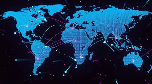 Abstract digital world map with glowing points and lines representing global network connections, data transfer, and international communication technology - Powered by Adobe